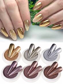6 Caixas de Pó Metálico Espelhado para Unhas, Pó de Glitter para Outono e Inverno, Pigmento para Unhas Dourado, Champanhe, Marrom e Prata, Decoração de Manicure, Pó Espelhado Mágico Fino, Acessórios para Unhas para Mulheres&Meninas, Salão DIY - Multicolorido - Visão 1