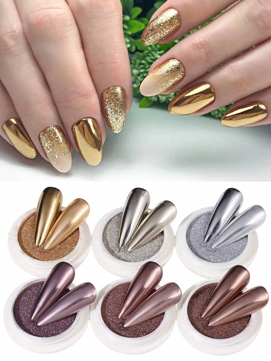 6 Caixas de Pó Metálico Espelhado para Unhas, Pó de Glitter para Outono e Inverno, Pigmento para Unhas Dourado, Champanhe, Marrom e Prata, Decoração de Manicure, Pó Espelhado Mágico Fino, Acessórios para Unhas para Mulheres&Meninas, Salão DIY - Multicolorido - Visão 1