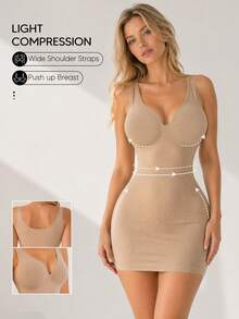 Women's V-Neck Sleeveless Bodycon Dress, Seamless Tummy Control Slimming Mini Dress, Butt Lifting Slimming Party Slip Dress - Khaki - View 1