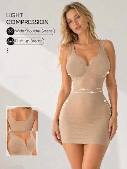 Vestido mini ajustado sin mangas con cuello en V para mujer, vestido sin costuras con control de abdomen y efecto adelgazante, vestido de fiesta tipo slip con efecto levantador de glúteos