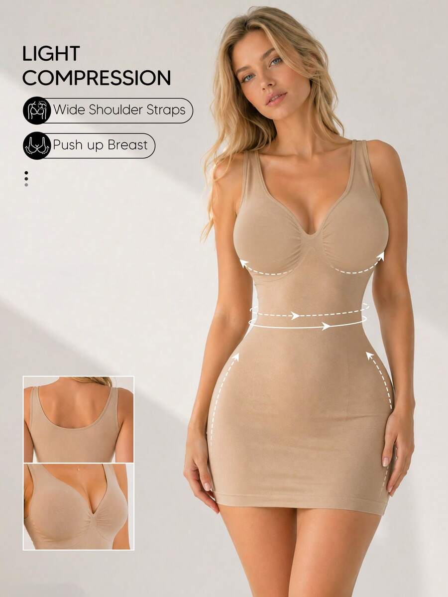 Women's V-Neck Sleeveless Bodycon Dress, Seamless Tummy Control Slimming Mini Dress, Butt Lifting Slimming Party Slip Dress - Khaki - View 1