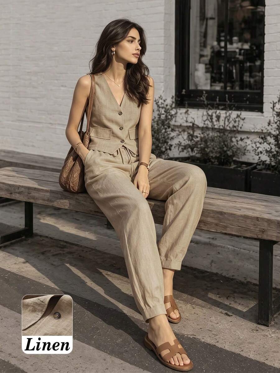 Conjunto de blazer, chaleco y pantalones de lino casual para mujer, primavera/verano - Caqui - Ver 1