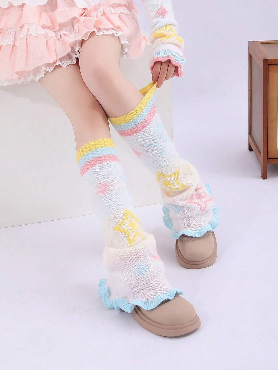 1 đôi băng quấn chân len họa tiết sao màu kẹo ngọt cho nữ, ống chân len thường ngày đa năng phù hợp đi chơi, tiệc tùng, ở nhà và dùng hàng ngày - Xanh và trắng - Xem 1