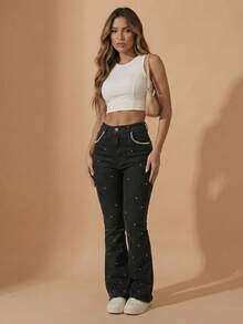 pthirillo Women's Black Flare Jeans With Rhinestones, High Waist, Butt-Lifting, Premium Shine - 口袋珍珠和斑點珍珠 - 查看 8