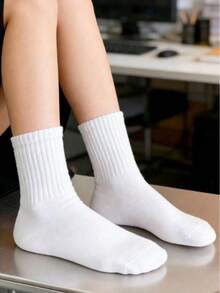 12 Pairs Women's Casual Versatile Solid Color Vertical Ribbed Moisture-Wicking Breathable Mid-Calf Socks - Multicolor - View 4