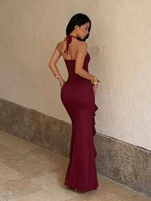 Halter Neck Ruffle Hem Slit Dress Solid Color Summer Dress For Women Elegant - Burgundy - View 3
