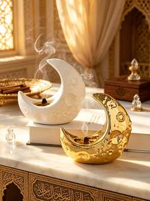 1pc Moon-Shaped Ceramic Incense Burner In Simple Style, Suitable For Festival, Home, Office Decoration With Aromatic Materials Gifts Birthday Graduation - Gold - View 3
