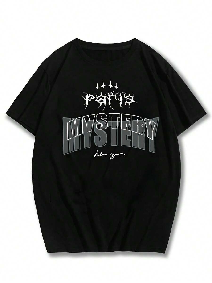 Men T-Shirt Crew Neck Print Everyday Basic Wear, 100% Cotton - 黑色 - 查看 1