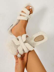 Ximi Ruo Women's Solid Color Flat Fuzzy Slippers, Casual Vacation Beach Home Slippers, Outdoor Wear, Autumn/Winter Warm Slippers, Simple Fashion Fuzzy Slippers, Slouchy Slip-On Women's Shoes, Soft Fuzzy Lining, Daily Commute Outfit, Indoor Home Outdoor Street Wear, Versatile Soft Lightweight Women's Slippers, Autumn/Winter Warm Gentle Style Women's Slippers, Comfortable Flat Casual Travel Outfit Shoes, Slouchy Home Outdoor Dual-Use Fleece Slippers - Beige - View 5
