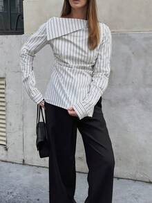 Women's Elegant Striped Button-Down Shirt, Non-Stretch, Perfect For ...