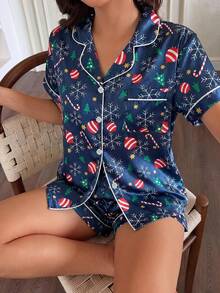 Christmas 2pcs Women's Satin Snowflakes & Candy Cane Print Short Sleeve Collared Top And Bowknot Shorts Pajama Set - Blue - View 5