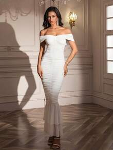 PARTHEA Women Elegant Off‑Shoulder Mermaid Party Dress, Ruched Layered Ruffle Hem White Bodycon Long Dress - White - View 5