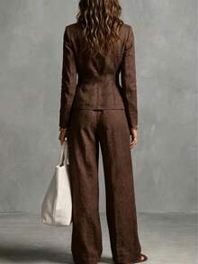 Women's 2-Piece Faux Suit Set, Lapel Waist-Tie Cropped Blazer With High-Waist Pleated Wide-Leg Pants, Elegant Casual Commute Outfit - Coffee Brown - View 11
