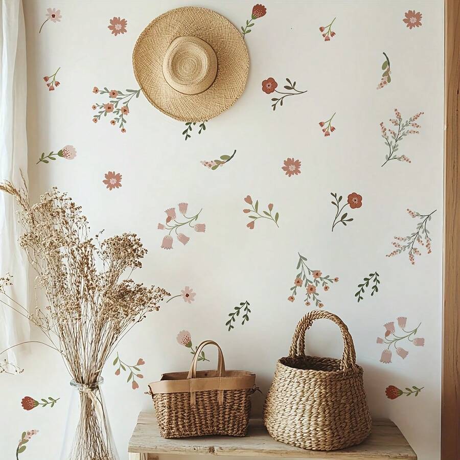 1pc Rustic Painted Floral Wall Sticker - Bohemian Pastoral Style Home Bedroom Room Wall Decoration Decal - Multicolor - View 1