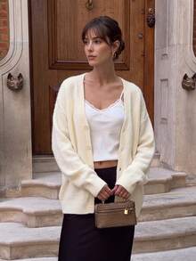 Women's Soft Knit Cardigan, V-Neck Long Sleeve Single-Breasted Casual Loose Sweater, Autumn - White - View 7