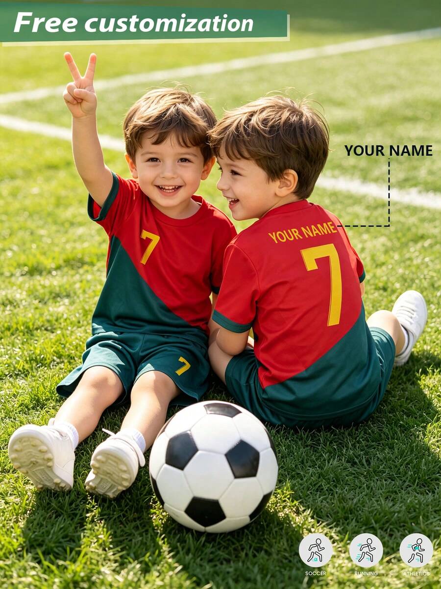 2pcs/Set Boys Soccer Uniform, Personalized Name/Club Customization, 7# Print Red Football Jersey, Short Sleeve & Shorts Set, Sports Player Style, Suitable For Boys & Girls, Sports, Cycling, Outdoor Running, Football, Star Player Style