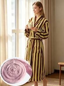 Women's Autumn/Winter Long Bathrobe: Retro Striped Tie Design, Thick Flannel Fabric, Highly Absorbent, Soft And Comfortable, Suitable For Home And Bathroom Wear, Machine Washable. - Multicolor - View 10