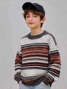 Sweater Leher Bulat Bergaris Blok Warna Vintage untuk Anak Perempuan Remaja - MultiWarna - View 2
