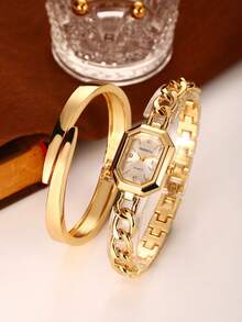 REBIRTH 2pcs Set Fashionable Minimalist Bracelet And Watch, Casual Versatile Daily Wear Accessory Set - Gold - View 8