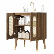 61 Cm Freestanding Bathroom Cabinet With Breathable Rattan Doors, Fixed Shelves, And Large Storage Capacity Under The Ceramic Sink, Faucet Not Included - 卡其色 - 查看 1