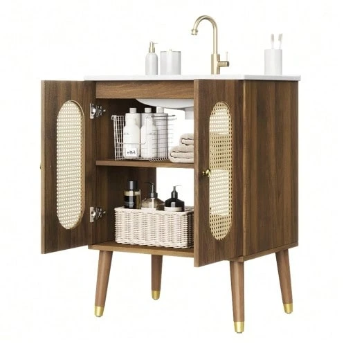 61 Cm Freestanding Bathroom Cabinet With Breathable Rattan Doors, Fixed Shelves, And Large Storage Capacity Under The Ceramic Sink, Faucet Not Included - 卡其色 - 查看 1