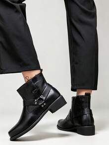 Classic Vintage Square Toe Men's Ankle Boots, Buckle Side Zipper Chunky Heel Boots, Holiday Commute Versatile Slimming Knight Boots - Black - View 4
