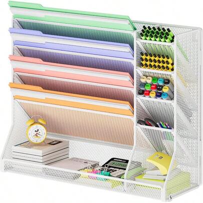 Organizador de archivos de pared ajustable de 5 niveles, soporte colgante de metal blanco, organizador de escritorio de 5 niveles para papel, soporte para carpetas con montaje en pared, organizador de correo para oficina en casa, bandeja colgante para documentos