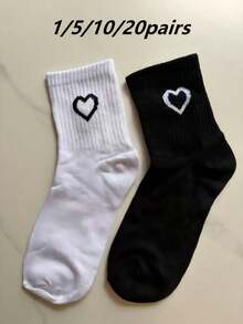 10 pares de calcetines de algodón a media pantorrilla para mujer, blanco/negro, lindos, calcetines para niñas, otoño/invierno/primavera/verano, suaves, color aleatorio, adecuados para deportes/uso diario 1/5/15/20 pares - Blanco - Ver 9