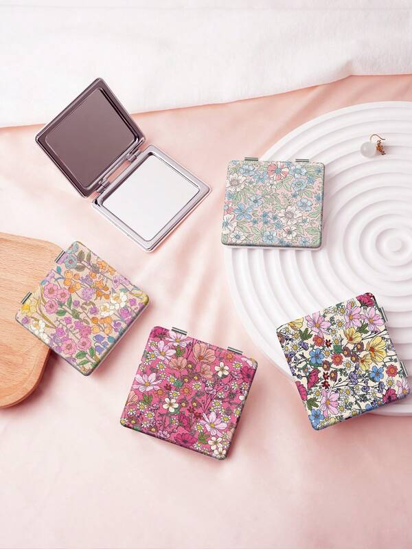 1PC British Country Style Portable Vanity Mirror, Foldable Lightweight Ultra-Thin Convenient Hand Mirror, PU Leather, Suitable For Multiple Occasions And All People, Square Small Mirror, Pocket Mirror With Fresh Floral Pattern Design, Exquisite And Delicate, Easy To Carry, Handheld Makeup Mirror, 180° Flip Cover, Multi-Functional Mini Mirror, Compact Mirror, Mirrors For Daily Use, Holidays, Birthdays, Valentine's Day