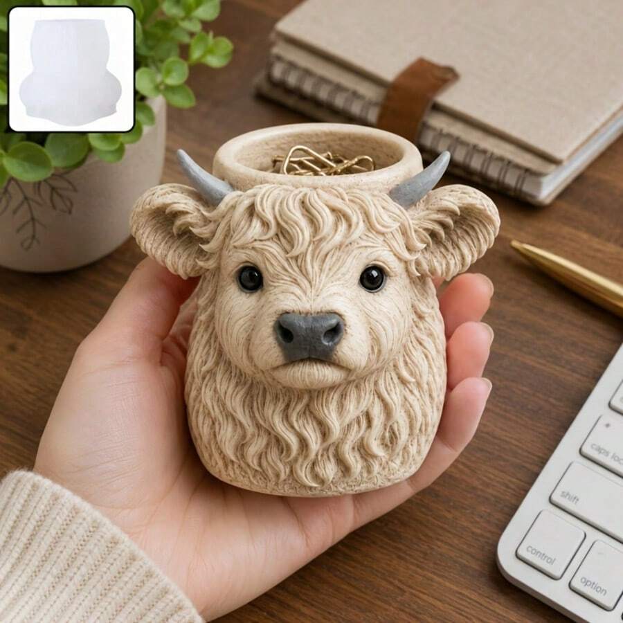 Resin Silicone Mold, Realistic 3D Highland Cow Silicone Mold; Suitable For Handmade Concrete Succulent Planters And Plaster Casting; Resin Clay Pen Holder DIY Material; Farm Animal Desktop And Garden Decor - Multicolor - View 1
