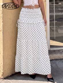 Aflion Women Summer Fall White Polka Dot Maxi Skirt, Elastic High Waist Ruffle Hem Skirt With Side Drawstring For Daily, Date & Vacation - White - View 8