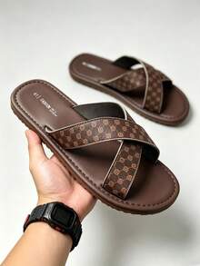 Men's Luxury Geometric Print PU Leather Sandals, Soft Anti-Slip Thick Sole, Hollow Detail Breathable Open Toe Flat Slippers, Lightweight Durable Flip Flops For All-Day Wear, Fashionable Versatile Cross Roman Sandals, Suitable For Summer, Home, Outdoor, Office, Vacation, Men's Anti-Slip Casual Sandals, Dual-Color Luxury Design (Brown / Black) Fits All Outfits, Perfect Choice For Summer And Casual Travel - Brown - View 1