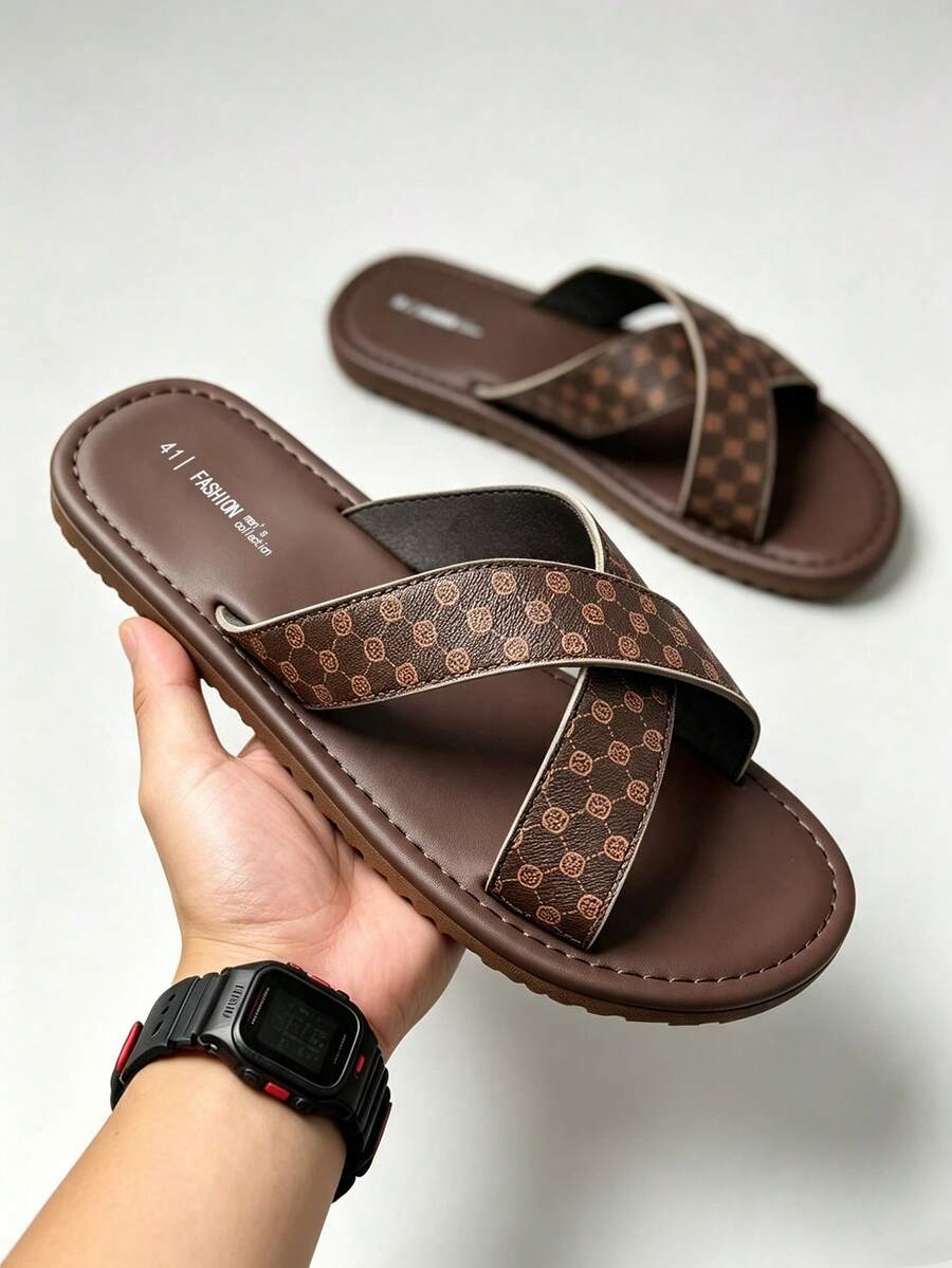 Men's Luxury Geometric Print PU Leather Sandals, Soft Anti-Slip Thick Sole, Hollow Detail Breathable Open Toe Flat Slippers, Lightweight Durable Flip Flops For All-Day Wear, Fashionable Versatile Cross Roman Sandals, Suitable For Summer, Home, Outdoor, Office, Vacation, Men's Anti-Slip Casual Sandals, Dual-Color Luxury Design (Brown / Black) Fits All Outfits, Perfect Choice For Summer And Casual Travel - Brown - View 1