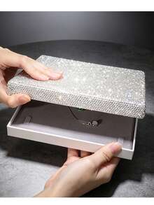 1pc Sparkling Rhinestone Jewelry Storage Box, Large Capacity Soft Grey Lining Jewelry Organizer Gift Box, Suitable For Necklaces, Earrings, Rings - White - View 9
