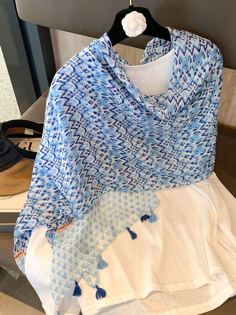1件裝女款波希米亞豹紋幾何拼接防曬披肩頭巾 - S51003-藍色 - 查看 1