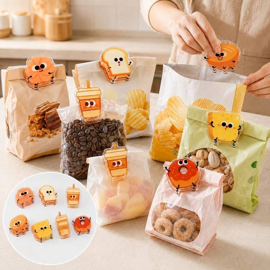 7 Cute Snack Bag Clips, Fun Bread & Dessert Design, Acrylic PP Multi-Purpose Clips, Suitable For Food Packaging, Receipts, Notes, Documents, Book Pages, Photos And Fridge Reminders, Compact Storage Assistant - 7 Pieces - View 1