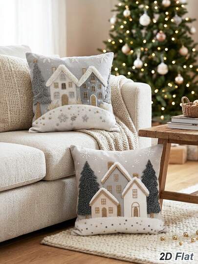 2Pcs Christmas Pillow Covers,Nordic Style 45*45cm Throw Pillowcase,Snow Cabin Forest Snow Scene Design Cushion Cover,Merry Christmas Decoration,Christmas Decor,Christmas Eve Decor,Christmas Home Decor,Xmas Decor,Christmas Decor,Winter Home Decor,Bedroom Living Room Zipper Pillowcase,Holiday Party Pillowcase (Pillow Insert Not Included)