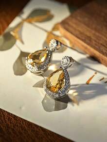 2pcs/Set S925 Sterling Silver Pear-Shaped Cut Yellow Crystal Women's Jewelry Set, Water Drop Pendant Necklace And Dangle Earrings, Suitable For Wedding Party, Best Gift For Her - Yellow - View 7
