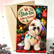 1 Greeting Card + 1 Envelope Adorable Christmas Greeting Card, Cute Dog With Lights We Shih Tzu A Merry Christmas, For Pet Lovers, Holiday Festive Art Style. - Yellow Envelope - View 11
