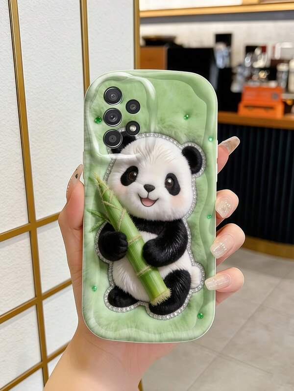 1pc Creamy Big Wave Ins Cute 3D Effect Panda Holding Bamboo Pattern Phone Case, Milky White Wave Texture Full Coverage Lens Soft Shell Compatible With Samsung, Series Phones