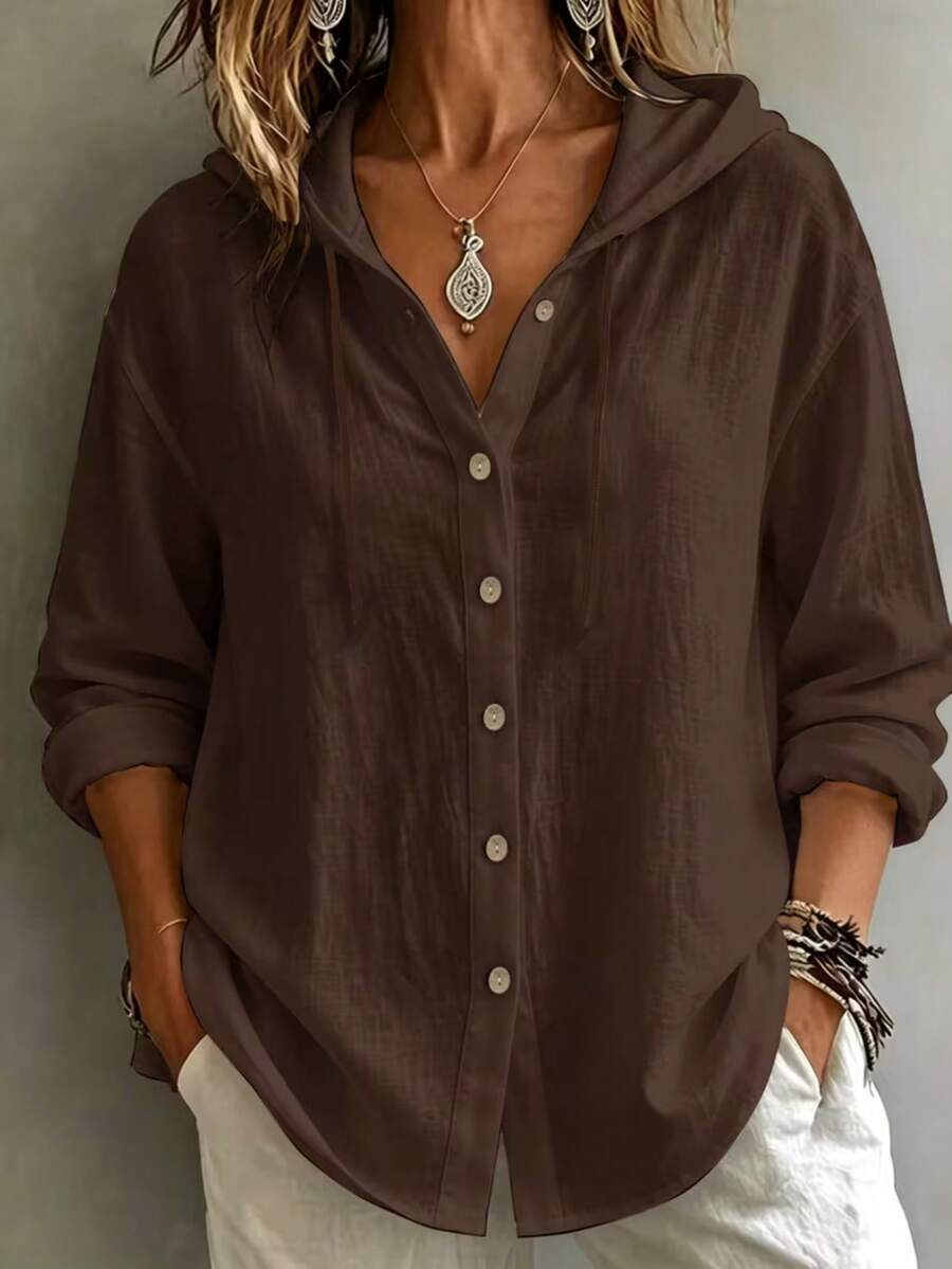 Women's Solid Color Shirt, Casual Style, Single-Breasted Design, With Drawstring Hood And Long Sleeves, Loose And Comfortable Fit, Suitable For Daily Wear, Gatherings And Office Occasions. - Coffee Brown - View 1