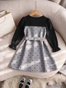 2pcs/Set Girls Casual Minimalist Long Sleeve Grey & Black Colorblock Dress - Black - View 2