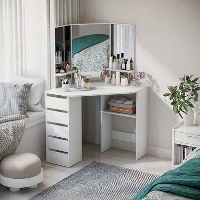 HOMCOM Coiffeuse d'angle avec miroir, table de maquillage avec 5 tiroirs et étagères ouvertes, coiffeuse avec miroir 3 pièces pour chambre à coucher, blanc