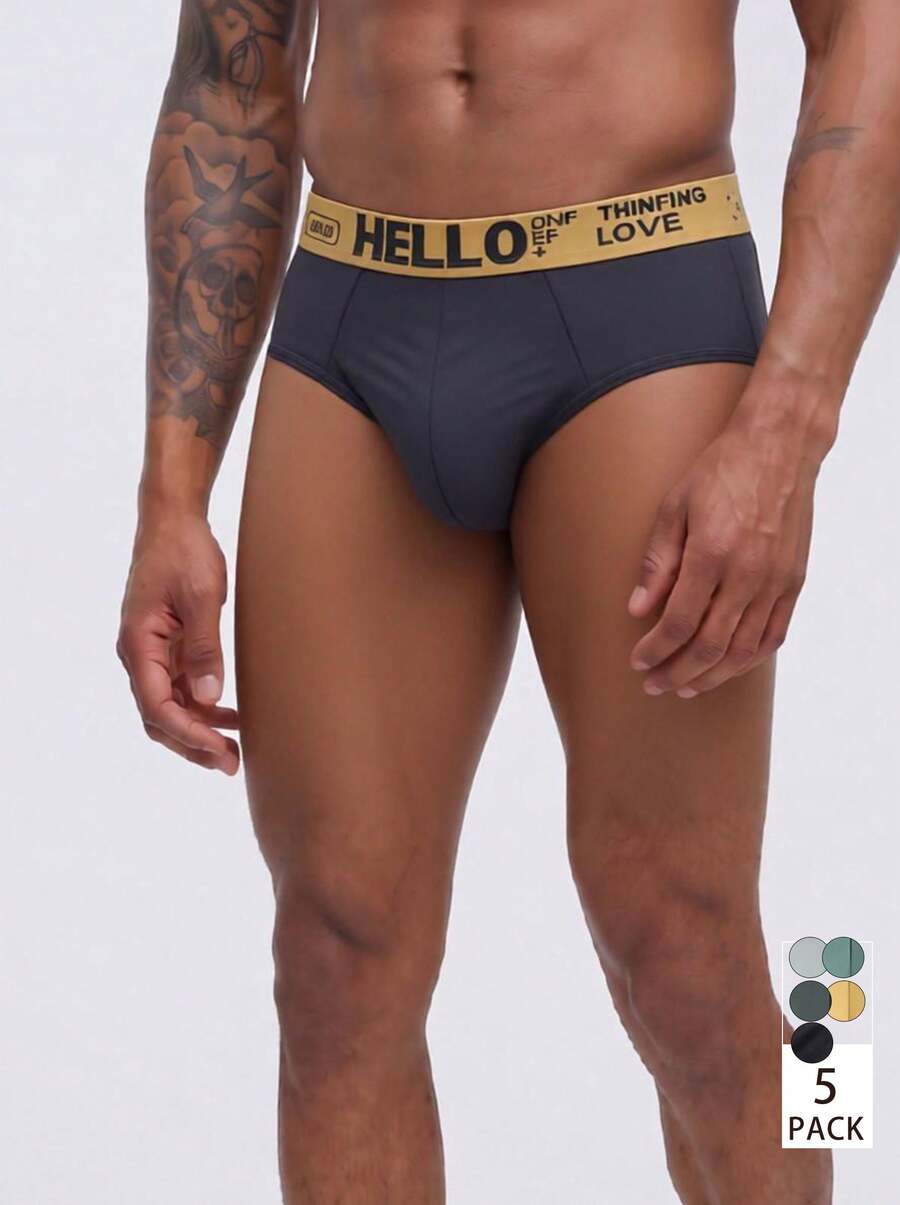 4pcs/Pack Random Color Men's Brief, Fashion Waistband "HELLO" Asymmetrical Letter Design, Comfortable Soft Stretchy Underwear