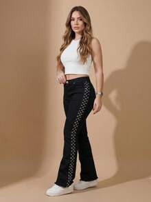 pthirillo Women's Black Flare Jeans With Rhinestones, High Waist, Butt-Lifting, Premium Shine - 側面飾有水鑽條紋 - 查看 2