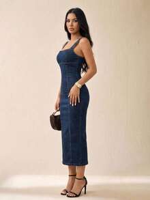 Women Denim Dresses - 藏蓝色 - 查看 3