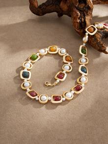 1pc Vintage Retro Gold Geometric Square Colored Stone & Pearl Necklace For Women, European & American Palace Style Choker Jewelry (Bead Color And Position Random, Subject To Actual Product) - Multicolor - View 4