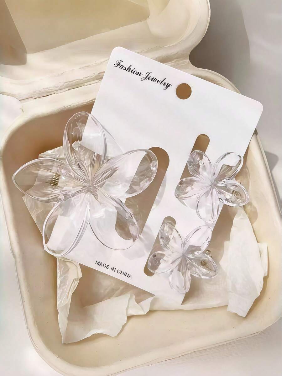 3pcs Transparent Plumeria Hair Clips, Minimalist Large And Medium Flower Hair Claws, Vacation Style Women's Hair Accessories - Multicolor - View 1
