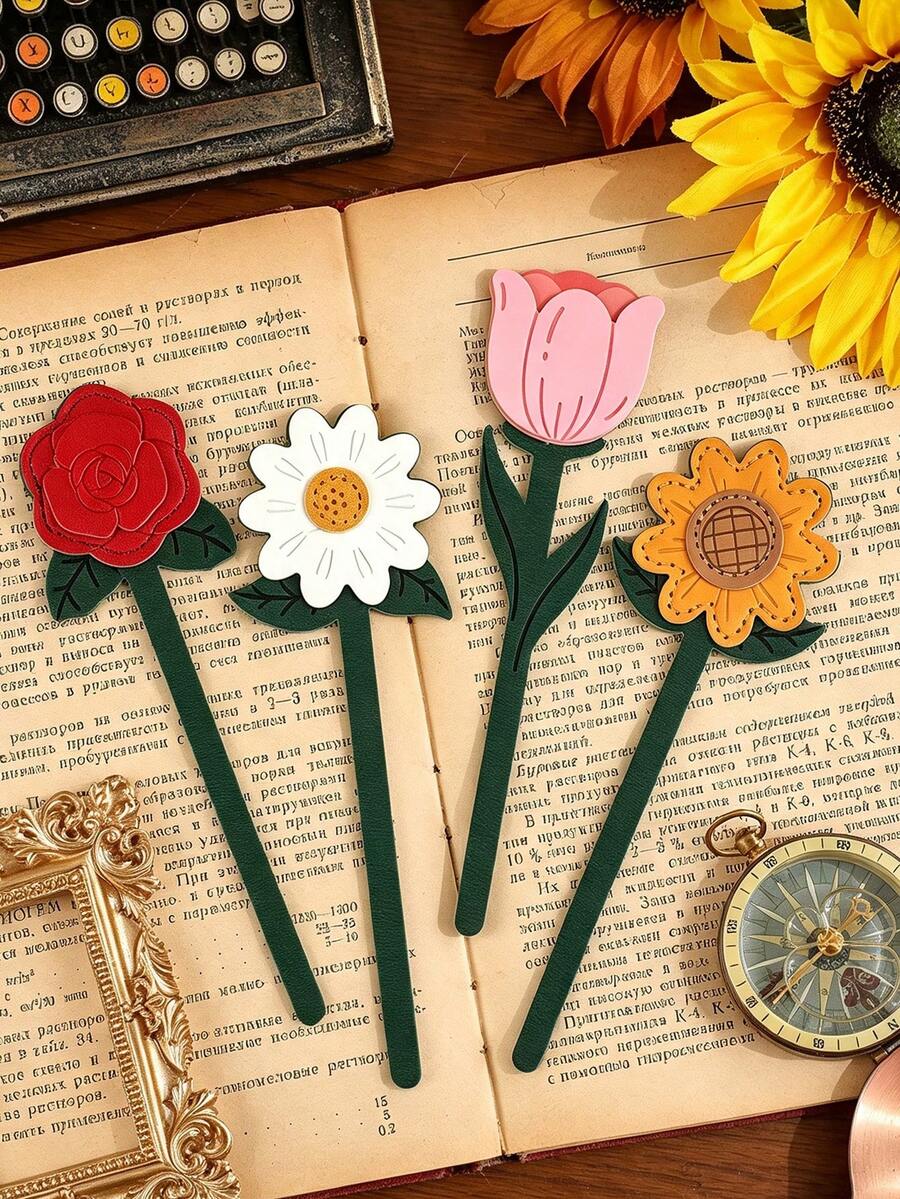 Artificial Leather Floral Bookmarks, Soft Flower Page Markers, Daisy, Tulip, Rose, Sunflower Patterns, Decorative Planner Accessories, Perfect Gift For Book Lovers, Writers, Students, Office Workers, Women, Cute Room Decor And Reading Gift - Multicolor - View 1