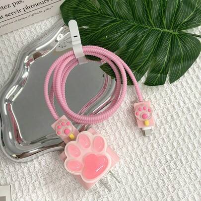 5pcs Cute Pink Cat Paw Handmade DIY Pattern 18/20W Charger Protective Case & Data Cable Protector